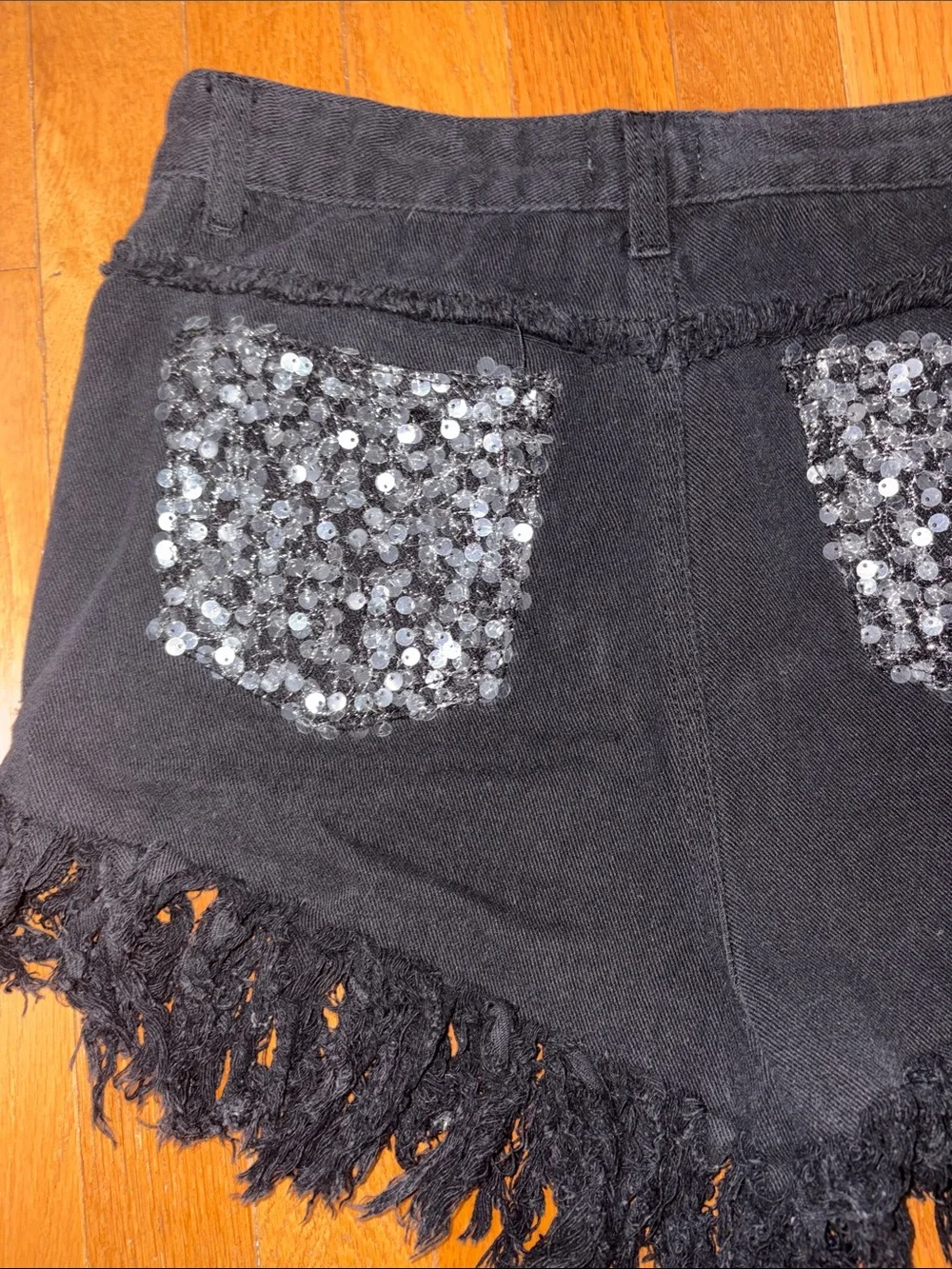 POL Black Sequin Fringe Denim Shorts M Distressed Festival Western Cowgirl